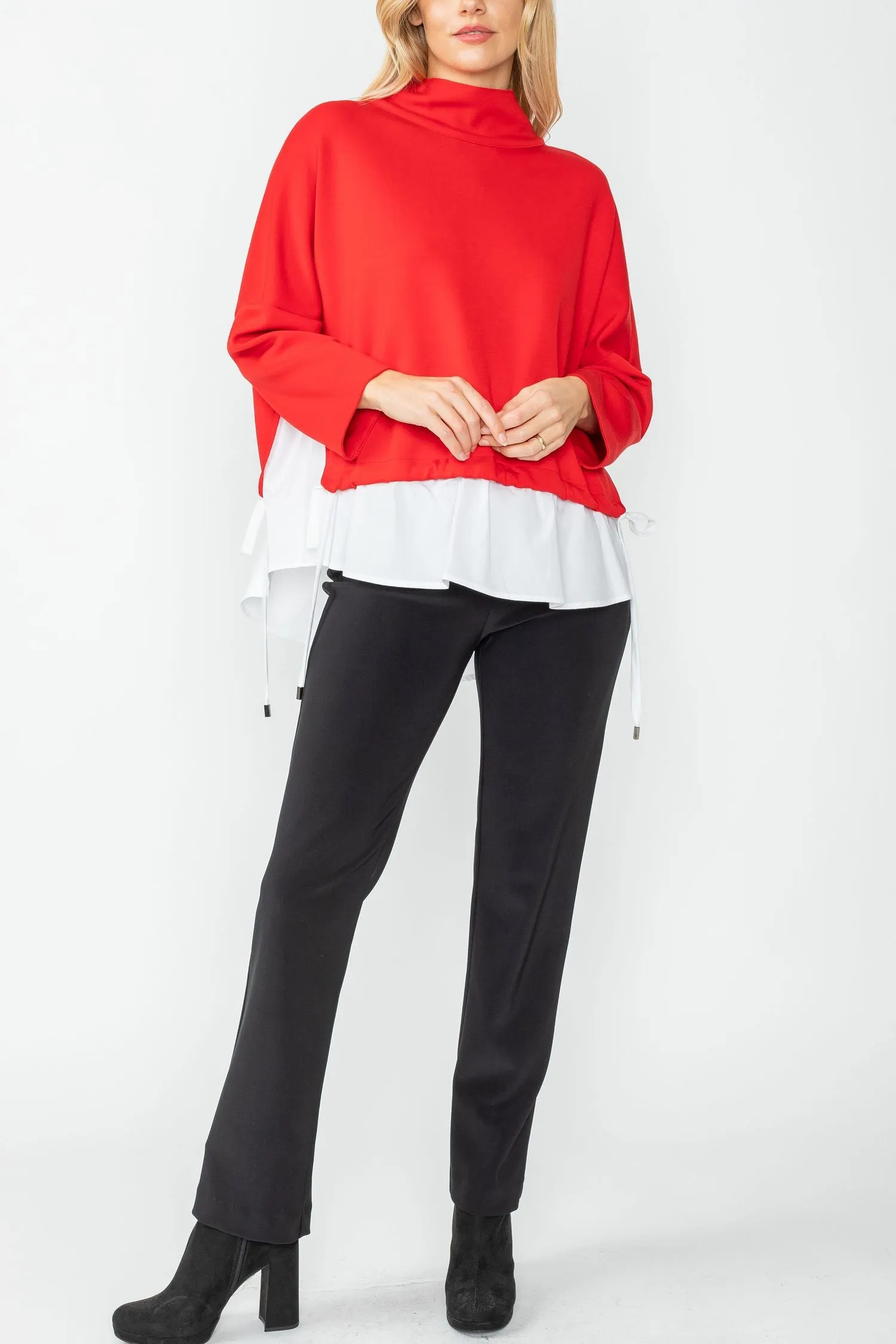 Red High Stand Collar & Shirts Tail Layer Top