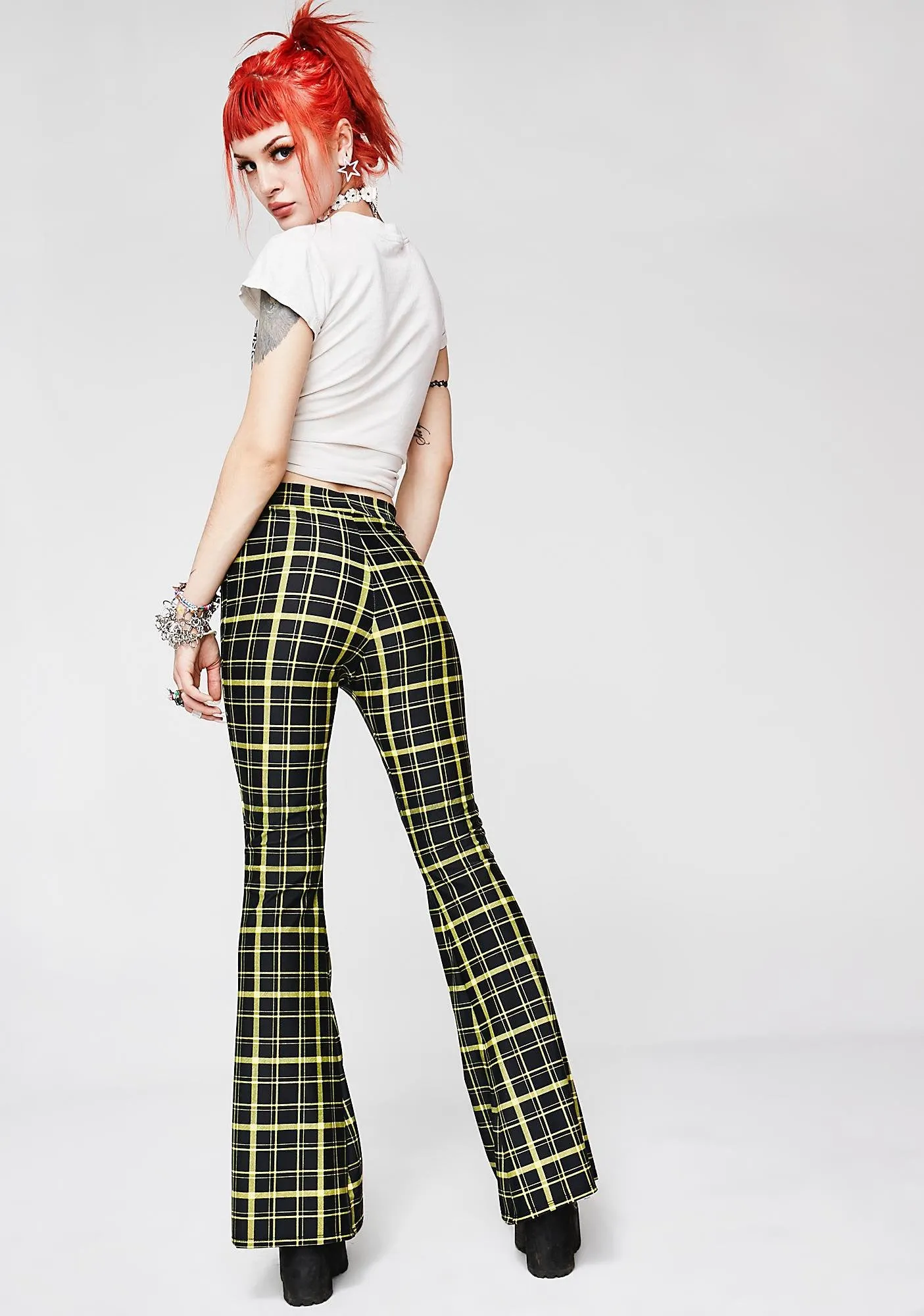 Retro Plaid Flare Pants in Black and Yellow