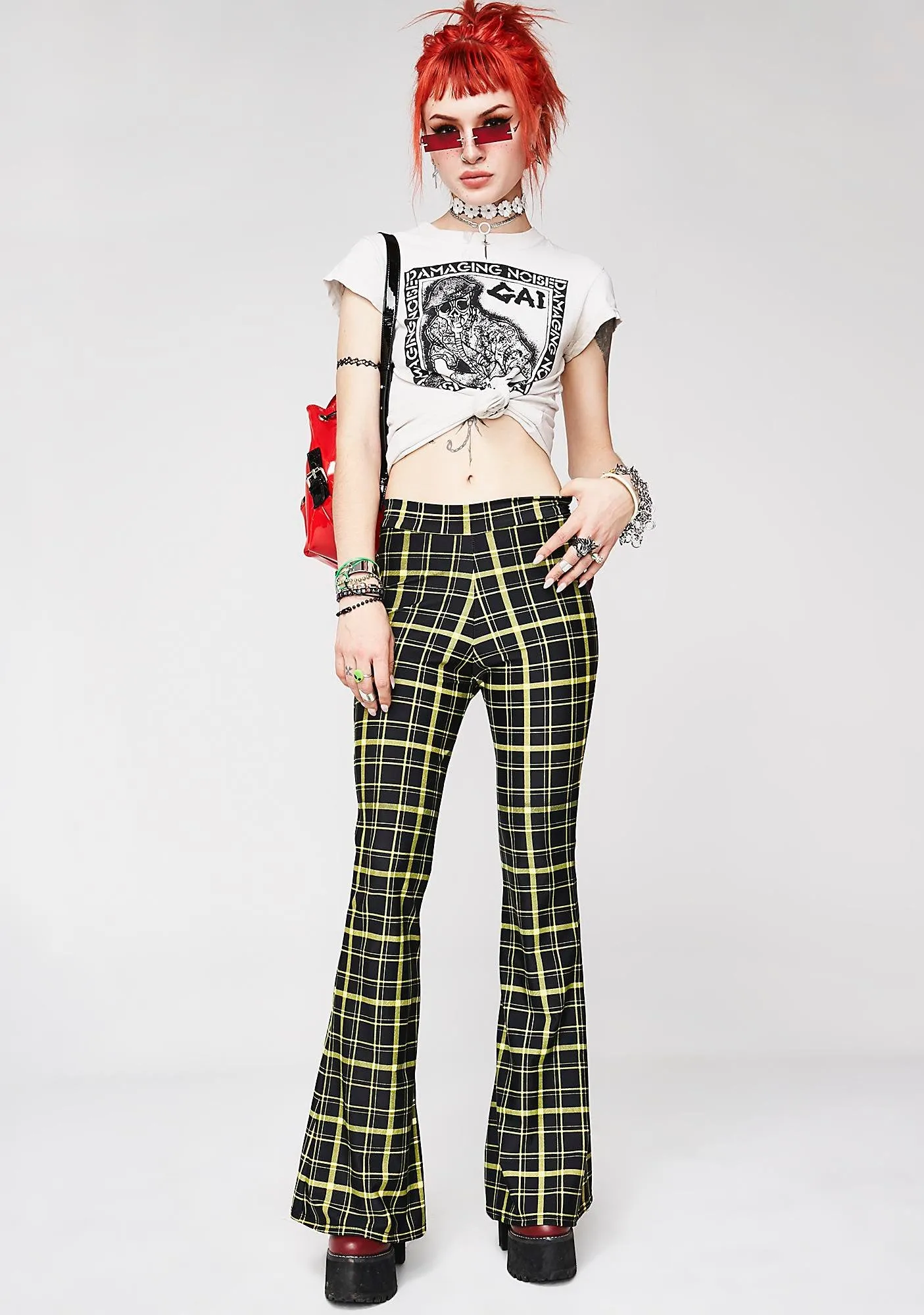 Retro Plaid Flare Pants in Black and Yellow