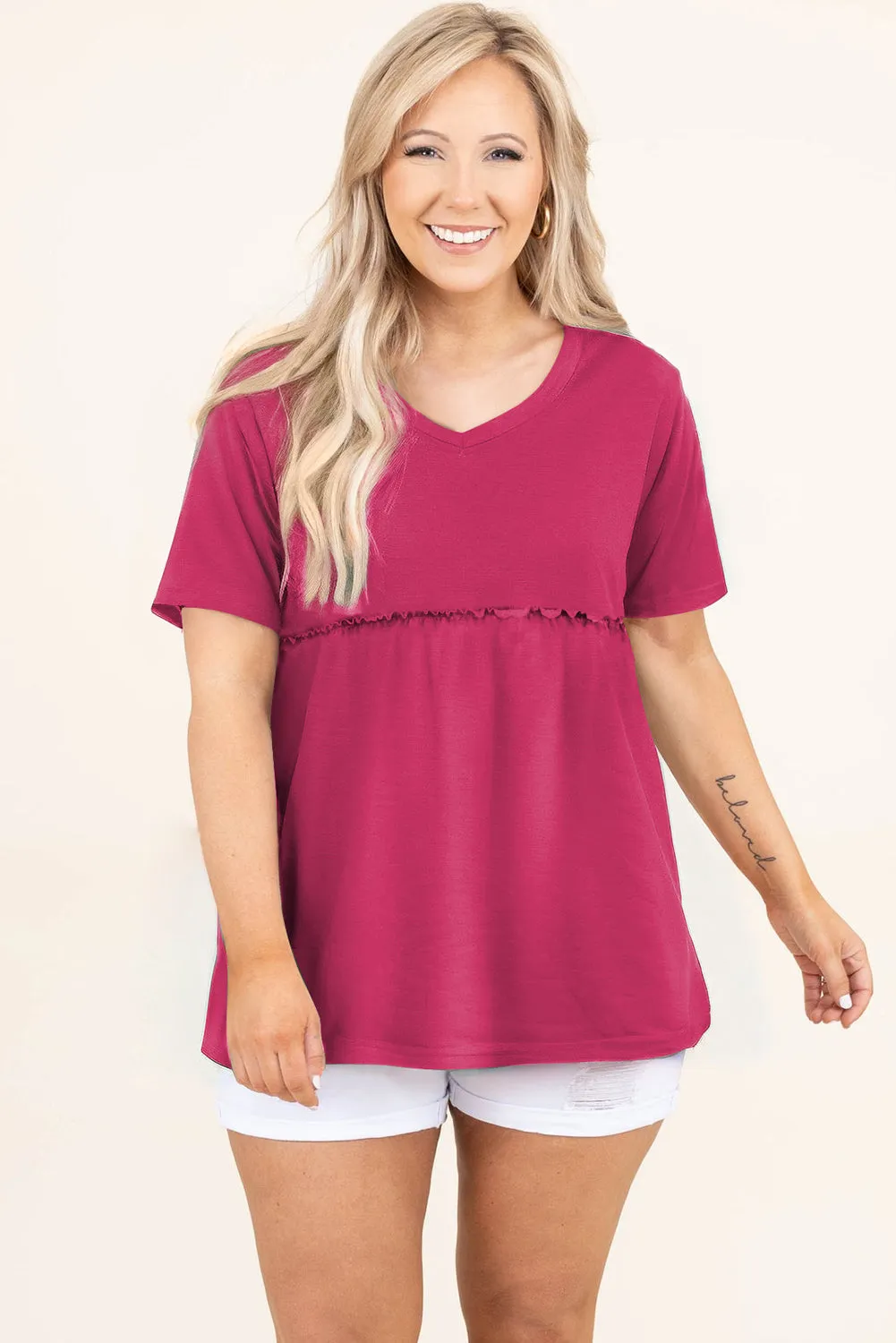 Rose Red Solid Short Sleeve Flowy Plus Size Top