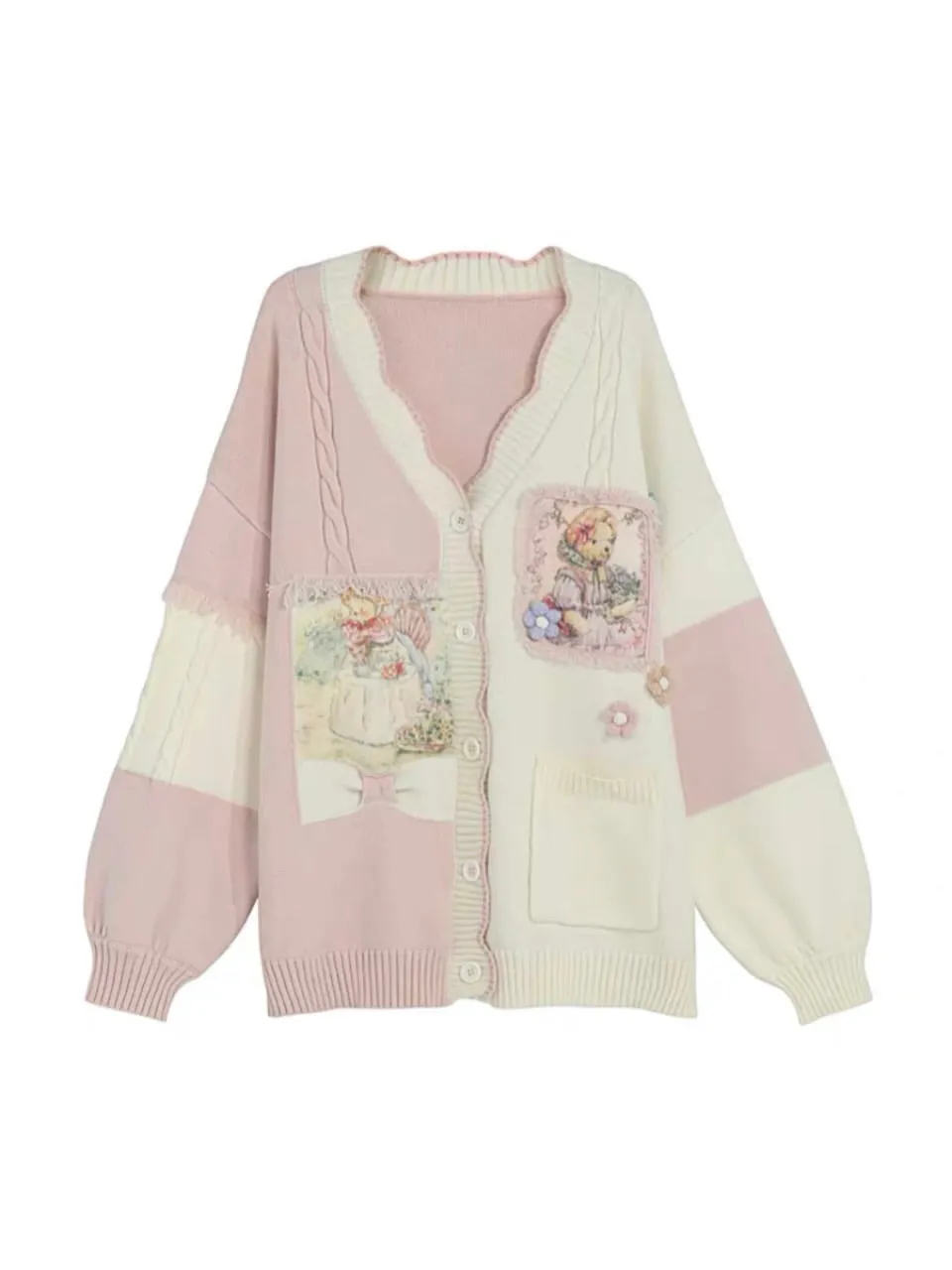 Soft and Cute Family of Bears Two-Tone Knitted Cardigan & Lace Collar