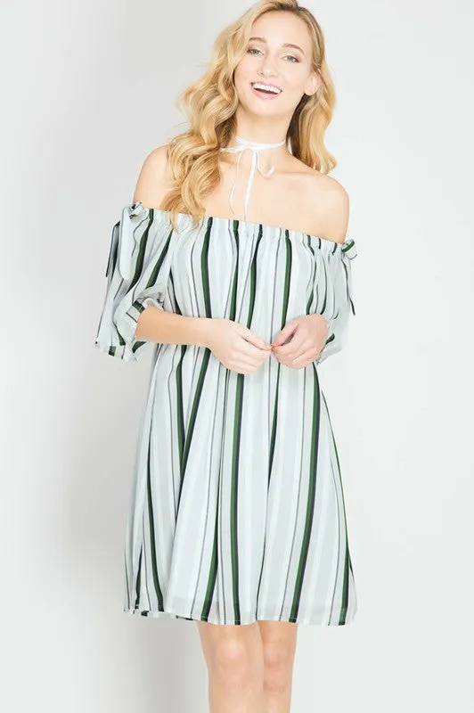 Striped Off Shoulder Silk Dress