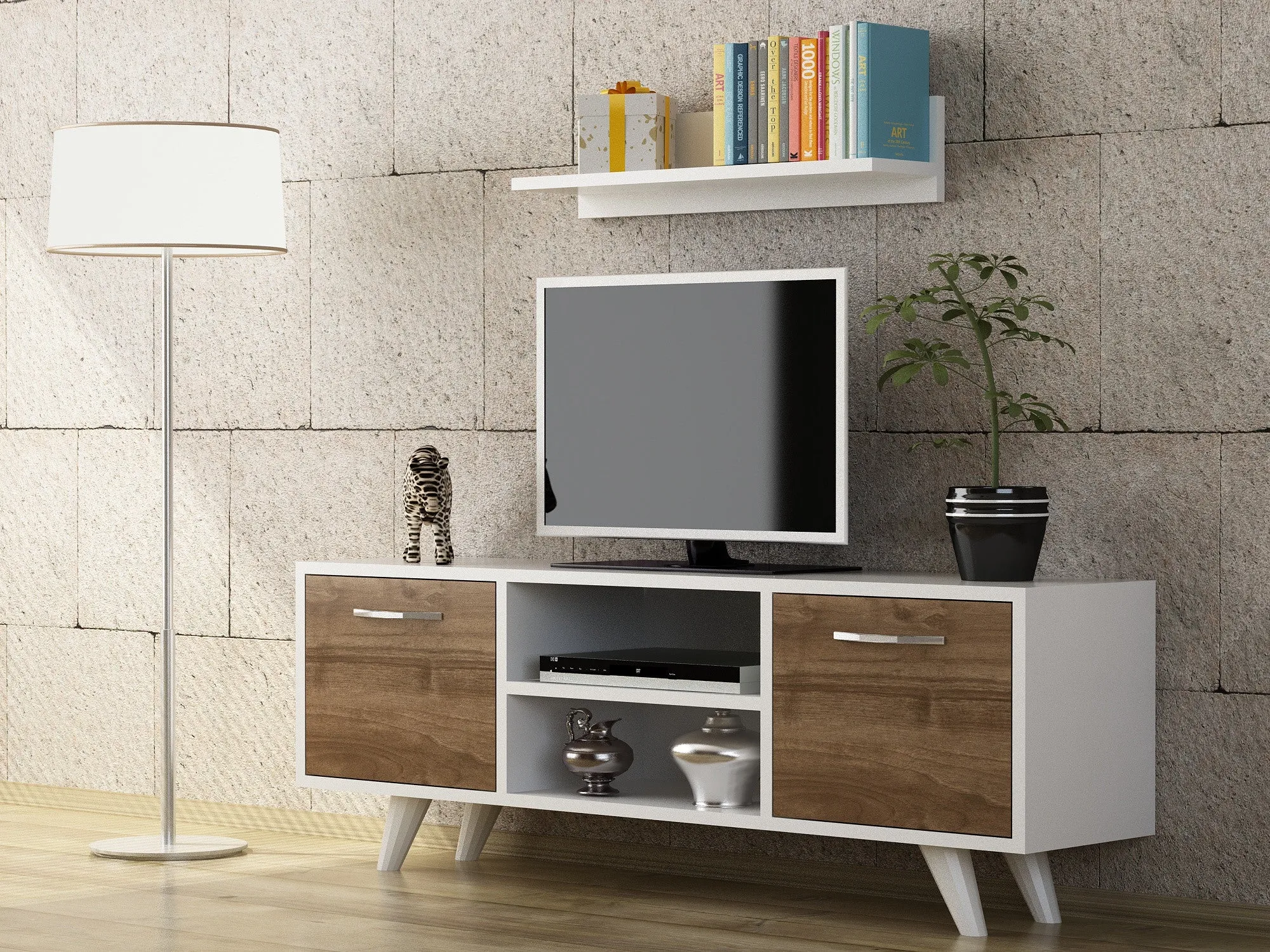 TV Unit Likya - White, Walnut