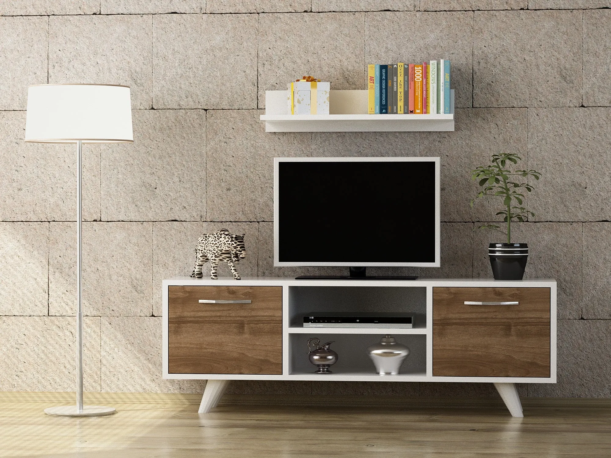 TV Unit Likya - White, Walnut