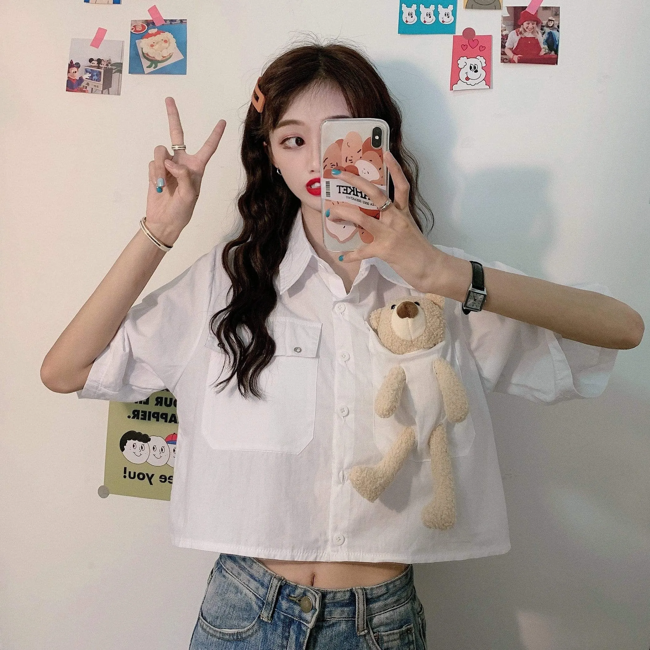 Women's Cute Bear Doll Single-breasted Shirts