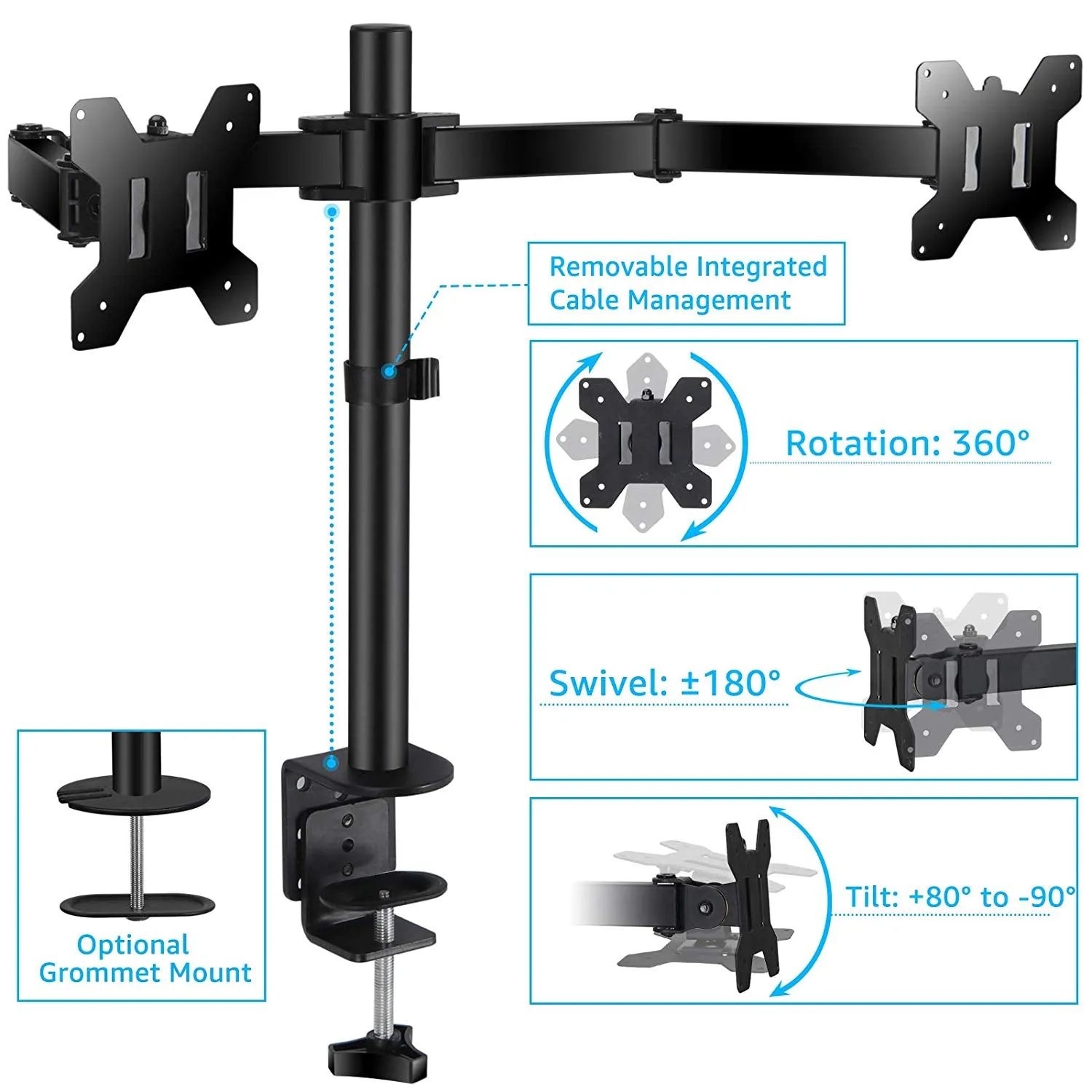 ZENY™ LCD Dual Monitor Mount Stand with Clamp Adjustable Arm Dual Mount Fits for 2 Screens 13’’- 27’’